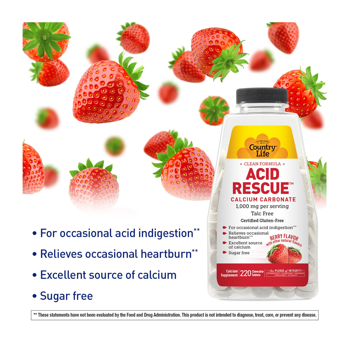 Country Life ACID RESCUE 220 CHEWABLE BERRY 220 Wafer