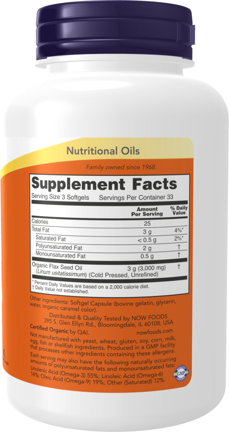 Now FLAX OIL ORGANIC 1000mg 250 SGELS