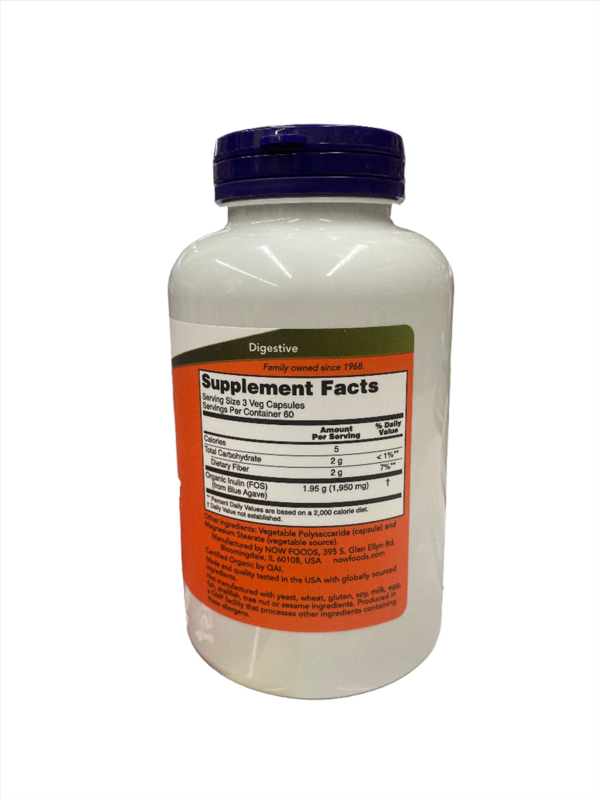 NOW Fibra de inulina prebiótica apoyo intestinal 180 cápsulas vegetales