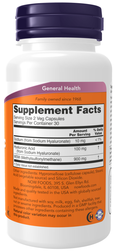 Now HYALURONIC ACID 50MG + MSM 120 VCAPS