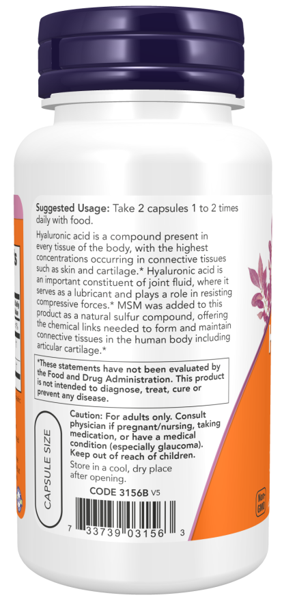 Now HYALURONIC ACID 50MG + MSM 120 VCAPS