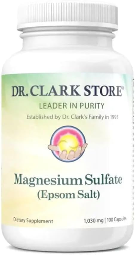 Dr. Clark Magnesium Sulfate USP (Epsom Salt) - 1030 mg, Magnesium Supplement for Constipation, Liver and Gallbladder Cleanse, 100 Gelatin Capsules