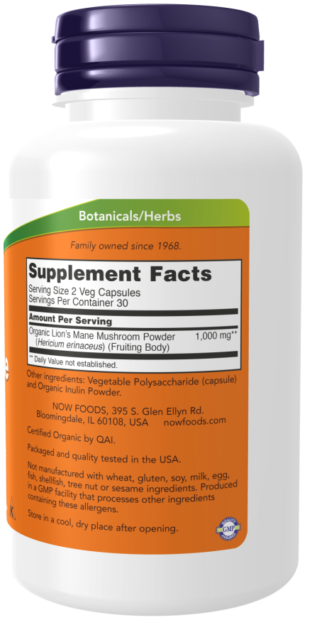 Now LIONS MANE MUSHROOM ORG 60 VCAPS