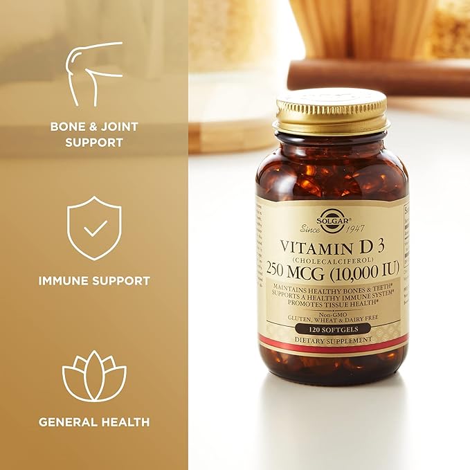 Vitamina D3 de Solgar (Colecalciferol) 250 mcg (10,000 UI) cápsulas blandas, 120 cápsulas blandas