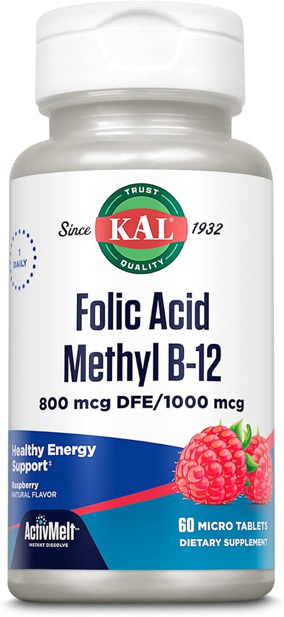 Kal Ácido Fólico Metil B-12 Frambuesa 60 tabletas 800MCG pastillas para disolver