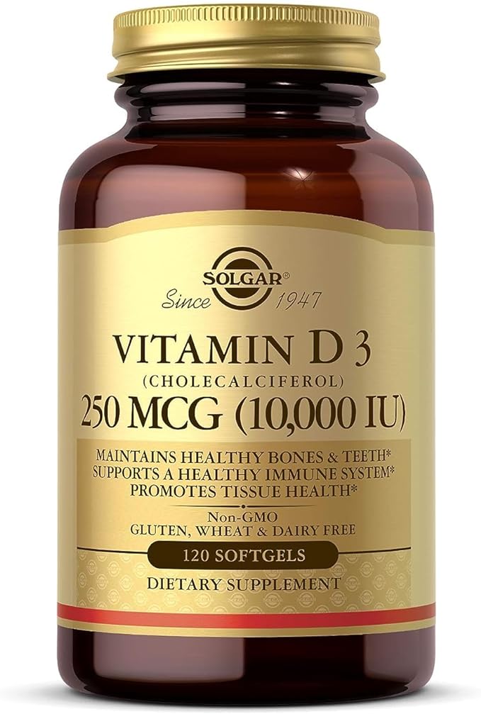 Vitamina D3 de Solgar (Colecalciferol) 250 mcg (10,000 UI) cápsulas blandas, 120 cápsulas blandas