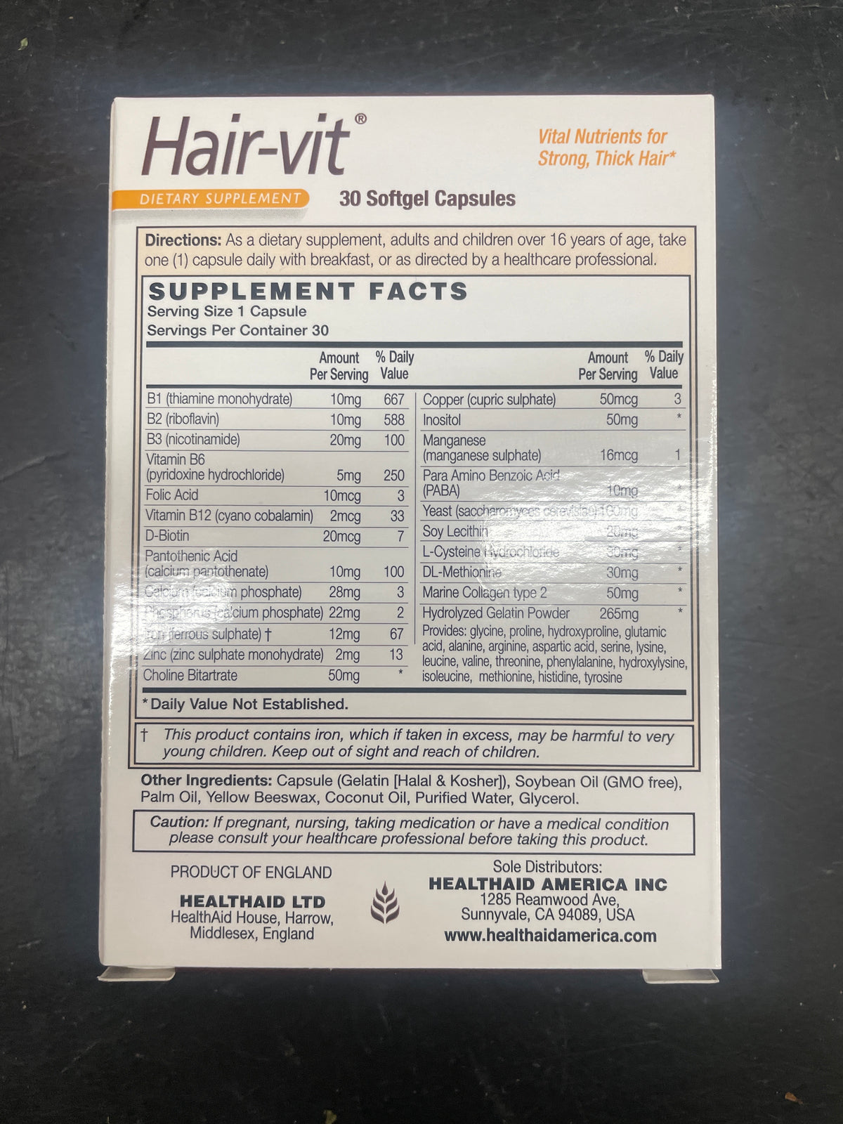 Hair-Vit nutrientes vitales para un cabello fuerte 30 cápsulas de gel blando