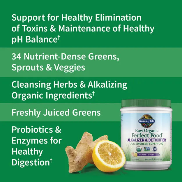 Garden of Life Raw Organic Perfect Food Alkalizer and Detoxifier Lemon-Ginger 282g POWDER