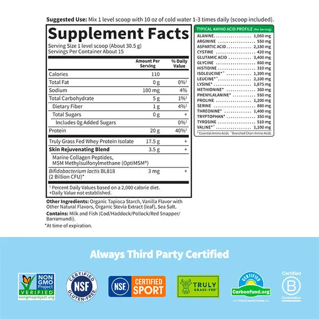 Garden of Life Sport Grass Fed Whey Plus MSM Vanilla 457.5g - POWDER