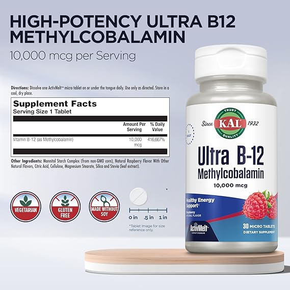 Kal Ultra B-12 Methyl ActivMelt frambuesa 30 tabletas 10000 MCG pastilla