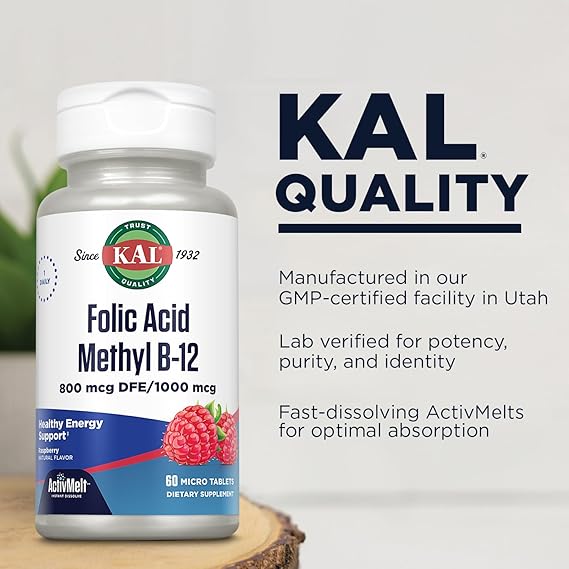 Kal Ácido Fólico Metil B-12 Frambuesa 60 tabletas 800MCG pastillas para disolver
