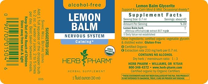 Herb Pharm LEMON BALM ALCOHOL-FREE 1 oz