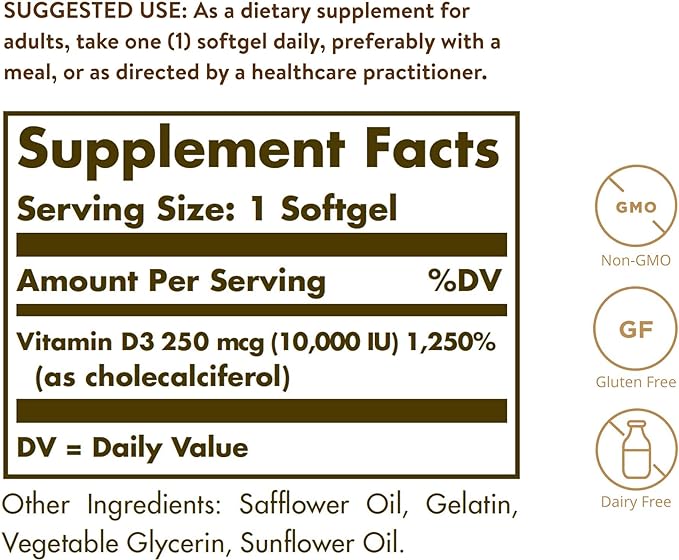 Vitamina D3 de Solgar (Colecalciferol) 250 mcg (10,000 UI) cápsulas blandas, 120 cápsulas blandas