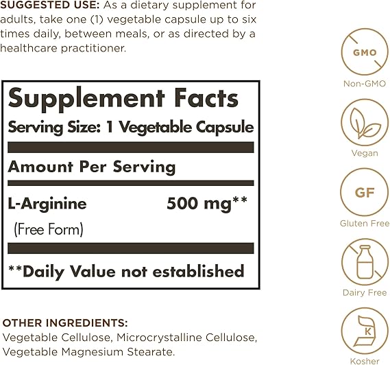Solgar L-Arginine 500 mg Vegetable Capsules 250V cap