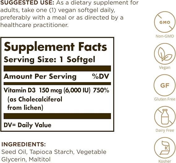 Solgar Vegan Vitamin D3 150 mcg (6000 IU) Softgels 100softgel