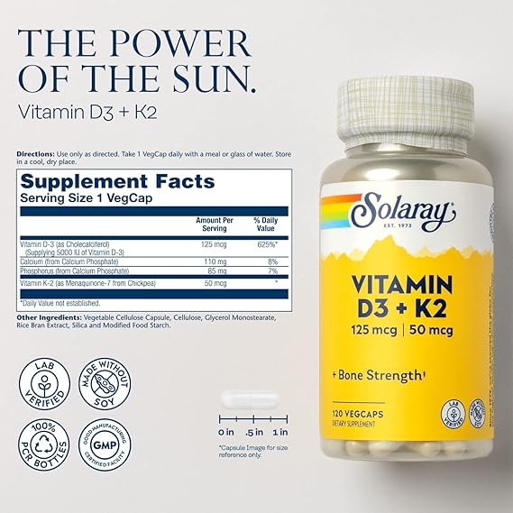 Solaray Vit D3 + K2 120CT Veg Capsule