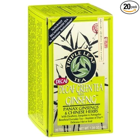TRIPLE LEAF TEA Té verde descafeinado con ginseng y hierbas chinas 20 BOLSITAS