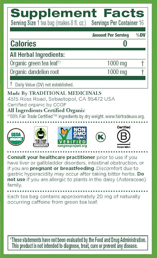 TÉ ORGÁNICO DE TÉ VERDE Y DIENTE DE LEÓN TRADITIONAL MEDICINALS, 16 BOLSITAS