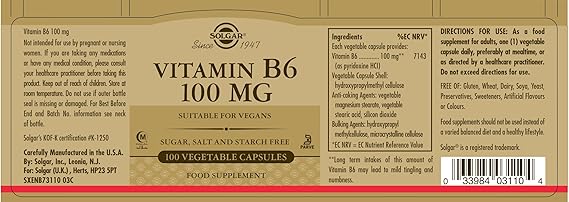 Cápsulas vegetales de vitamina B6 de Solgar 100 mg, 100 cápsulas vegetales