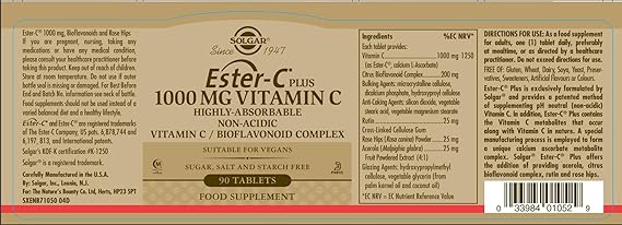 Solgar Ester-C® Plus 1000 mg Vitamin C Tablets (Ester-C® Ascorbate Complex) (CALIFORNIA ACCOUNTS ONLY) 90tablet