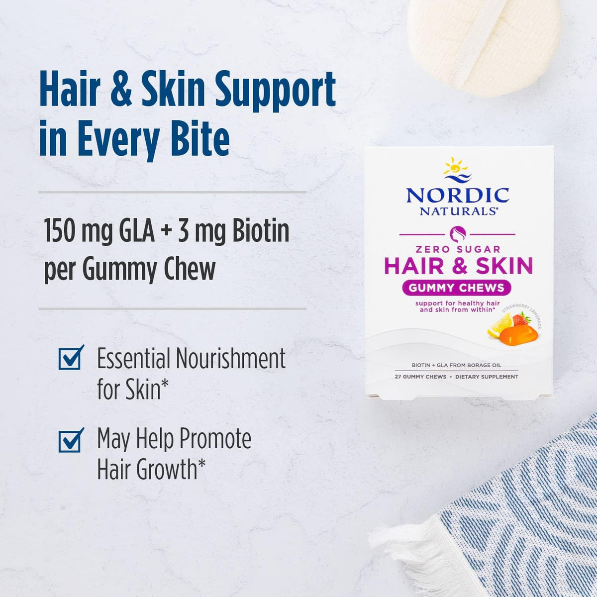 Gomitas masticables para el cabello y la piel sin azúcar de Nordic Naturals, 27 gomitas