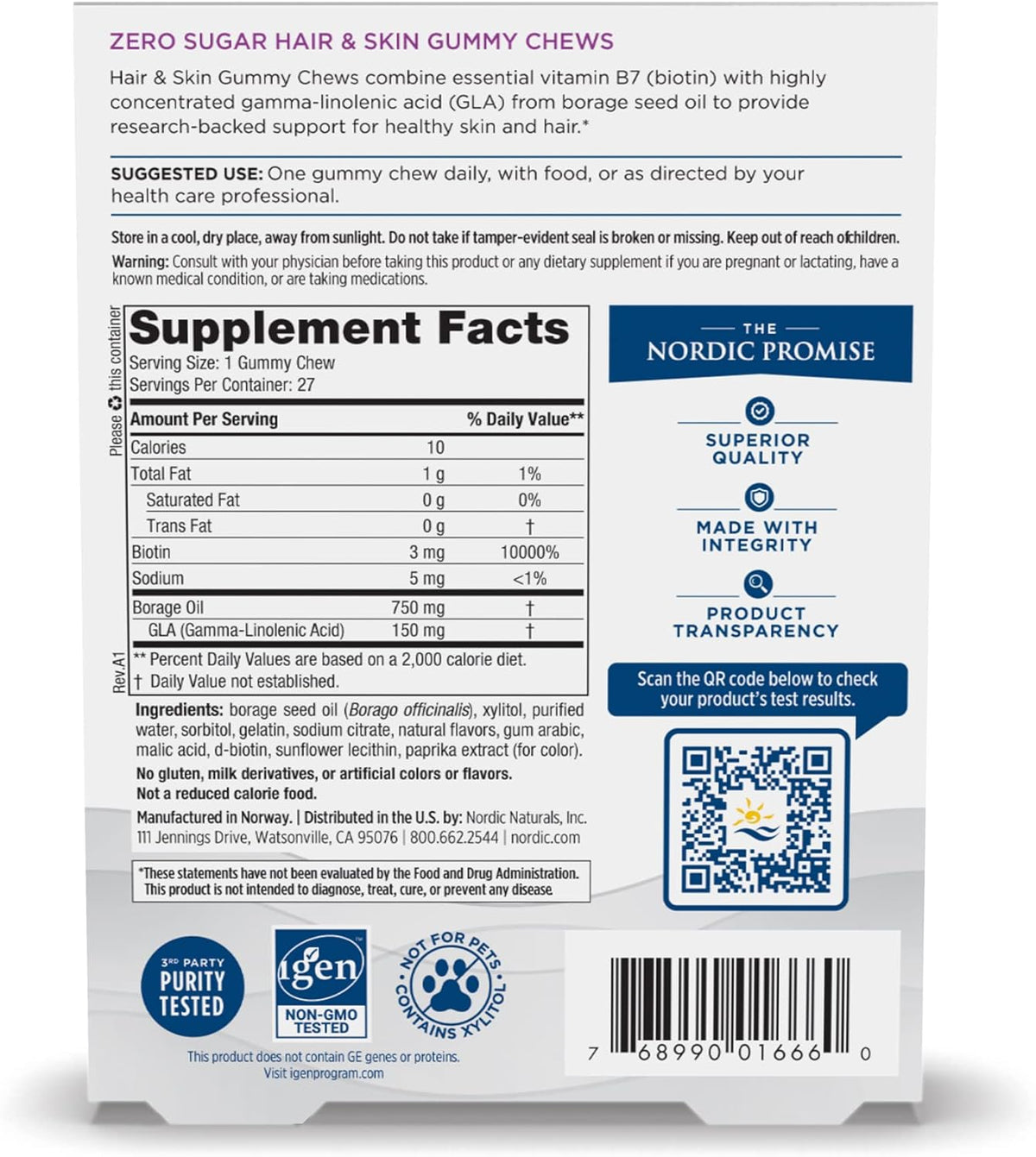 Gomitas masticables para el cabello y la piel sin azúcar de Nordic Naturals, 27 gomitas