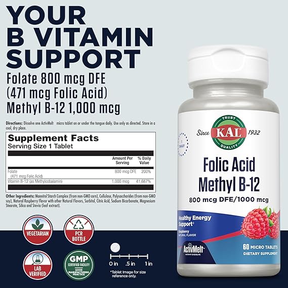 Kal Ácido Fólico Metil B-12 Frambuesa 60 tabletas 800MCG pastillas para disolver