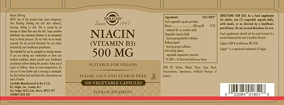 Solgar Niacina (Vitamina B3) 500 mg Cápsulas Vegetales 100 cápsulas vegetales