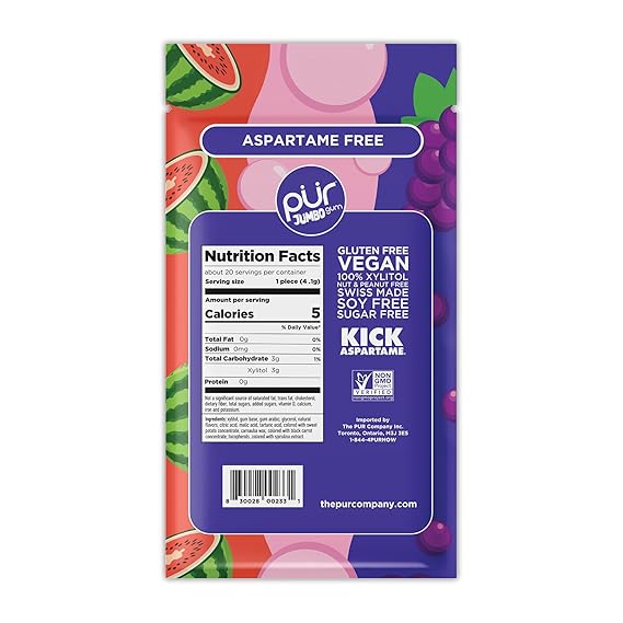 PUR GUM Grape Bubblegum Watermelon 20 Pieces - Single Pack