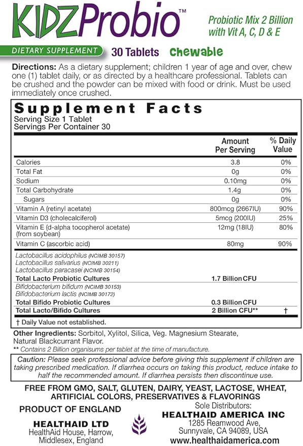 HealthAid KIDZProbio masticable con vitaminas A, C, D y E, 30 tabletas