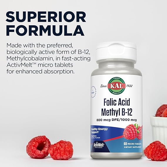 Kal Ácido Fólico Metil B-12 Frambuesa 60 tabletas 800MCG pastillas para disolver