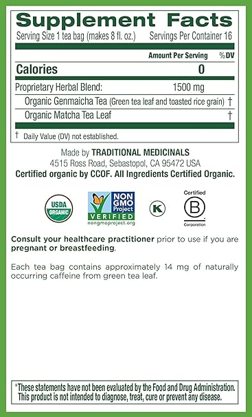TÉ ORGÁNICO DE TÉ VERDE MATCHA CON ARROZ TOSTADO TRADITIONAL MEDICINALS, 16 BOLSITAS
