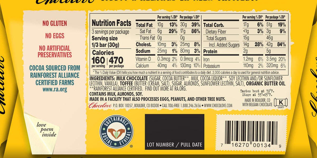 CHOCOLOVE Milk With Almonds & Toffee 3.2 OZ