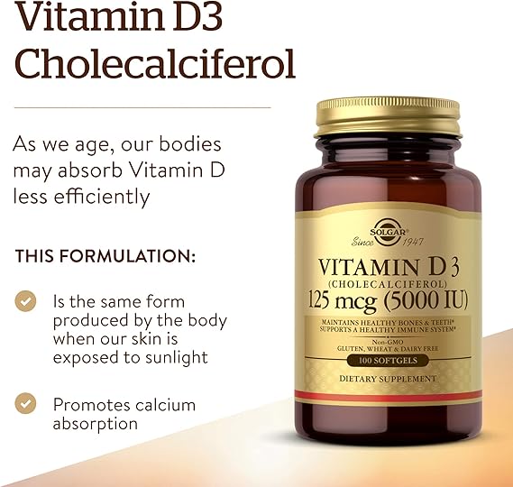 Solgar Vitamin D3 (Cholecalciferol) 125 mcg (5,000 IU) Softgels 100softgel