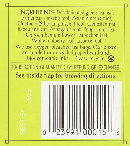 TRIPLE LEAF TEA Té verde descafeinado con ginseng y hierbas chinas 20 BOLSITAS