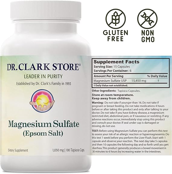 Dr. Clark Magnesium Sulfate USP (Epsom Salt) - 1030 mg, Magnesium Supplement for Constipation, Liver and Gallbladder Cleanse, 100 Gelatin Capsules