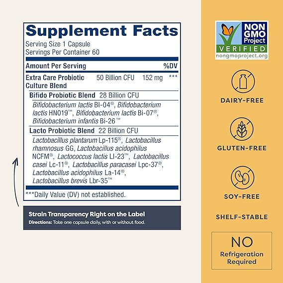 Extra Care Digestive Probiotic 50 Billion CFU 120 Diverse Strains 30 Veg Caps