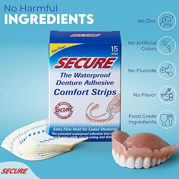 SECURE THE WATERPROOF DENTURE ADHESIVE COMFORT STRIPS 15 STRIPS