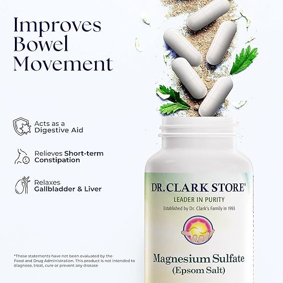 Dr. Clark Magnesium Sulfate USP (Epsom Salt) - 1030 mg, Magnesium Supplement for Constipation, Liver and Gallbladder Cleanse, 100 Gelatin Capsules