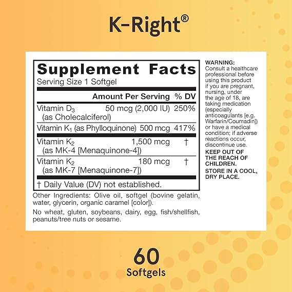 Jarrow Formulas K- Right Vitamin K Complex K1+MK-4+MK-7+D3