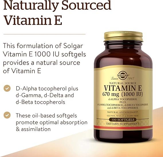 Solgar Vitamin E 670 mg (1000 IU) Mixed Softgels (d-Alpha Tocopherol & Mixed Tocopherols) 100softgel