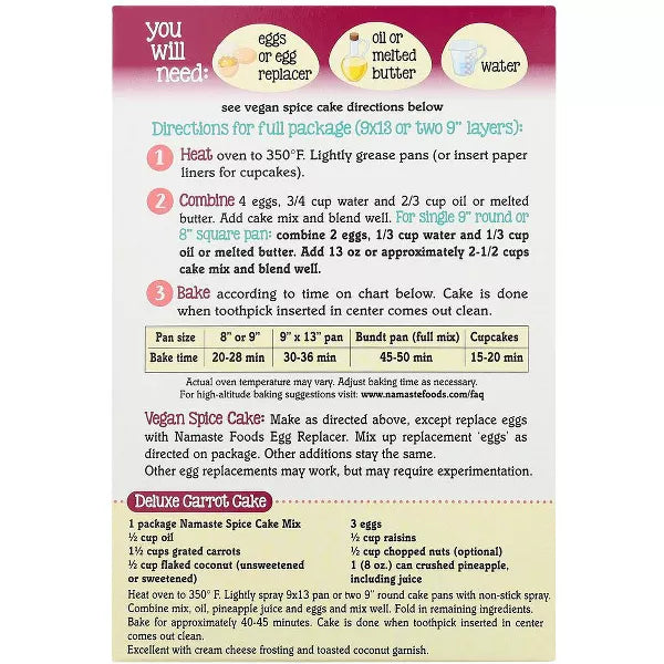 NAMASTE FOODS Spice Cake (w/Carrot Cake Option) 26 OZ