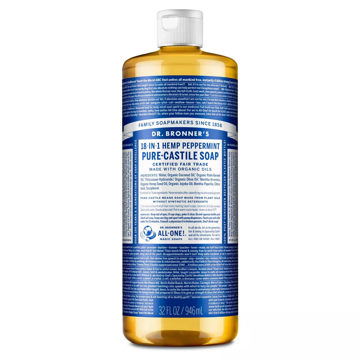 DR. BRONNER'S MAGIC SOAPS ORGANIC CASTILE LIQUID SOAP PEPPERMINT 32OZ