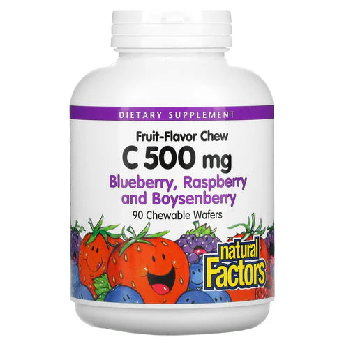 Natural Factors VITAMIN C 500 MG FRUIT-FLAVOR CHEW – BLUEBERRY, RASPBERRY & BOYSENBERRY 90/TAB