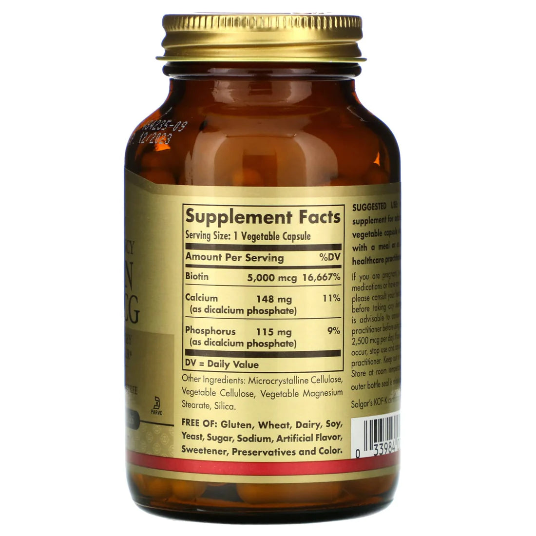 Cápsulas vegetales de biotina 5000 mcg de Solgar, 100 cápsulas vegetales