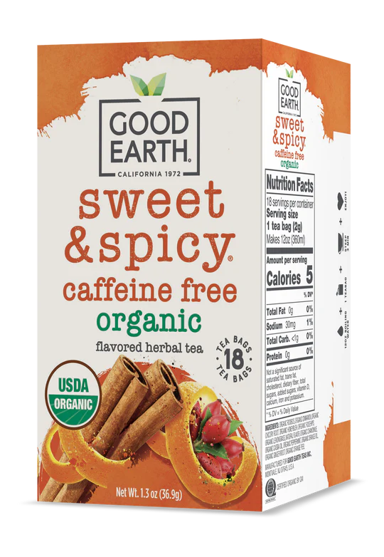 GOOD EARTH TEAS Organic Sweet & Spicy Herbal Tea Caffeine Free 18 BAG