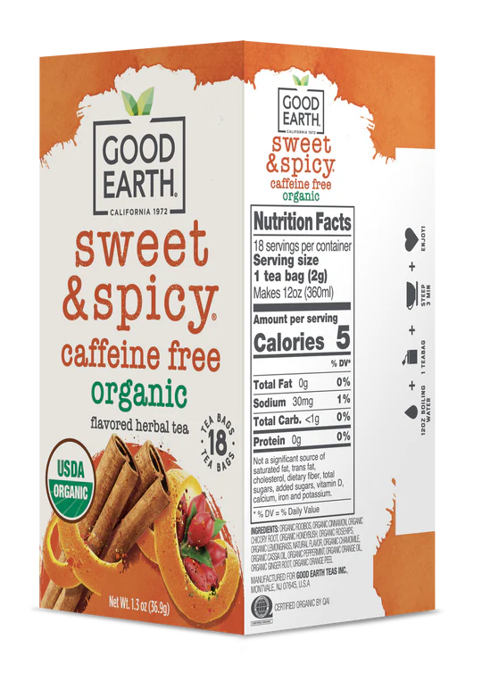 GOOD EARTH TEAS Organic Sweet & Spicy Herbal Tea Caffeine Free 18 BAG