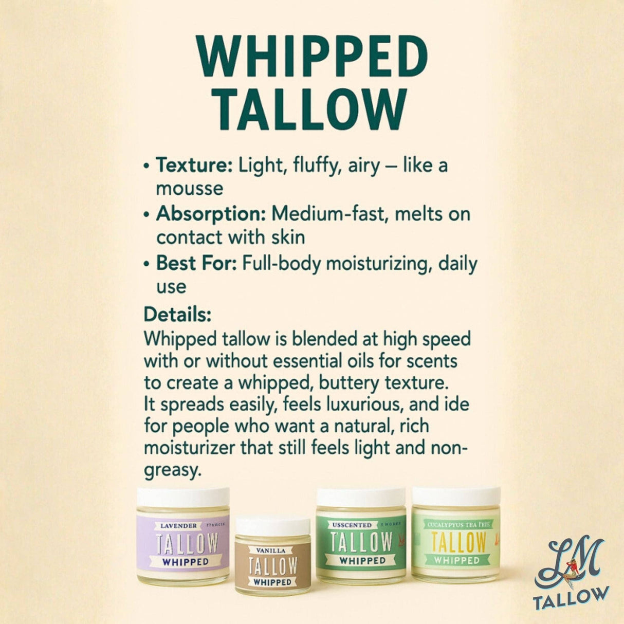 Unscented Whipped Tallow – All-Natural Moisturizer | Pure Beef Tallow Cream for Face & Body |Lady May Handmade, Preservative-Free Skincare: 9oz