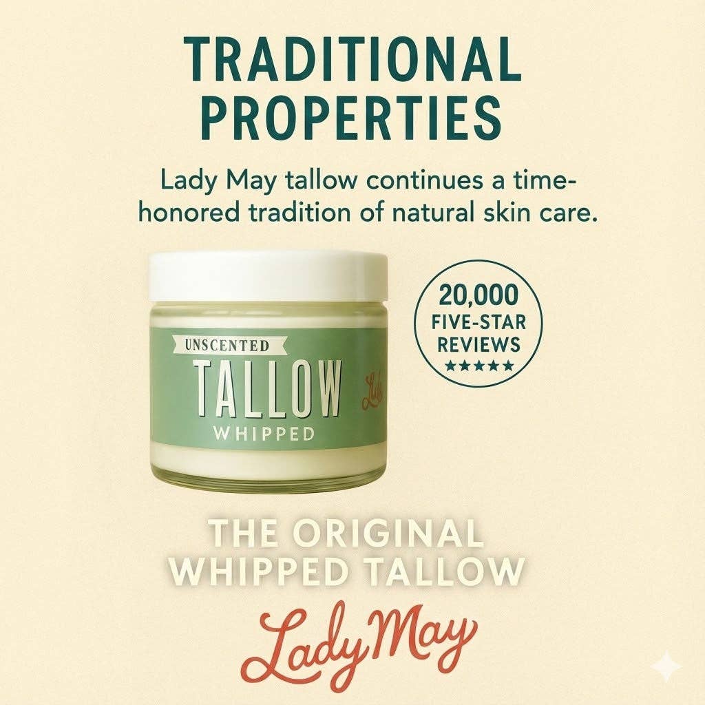Unscented Whipped Tallow – All-Natural Moisturizer | Pure Beef Tallow Cream for Face & Body |Lady May Handmade, Preservative-Free Skincare: 9oz
