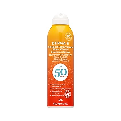 DERMA E All Sport Performance Sheer Mineral Sunscreen Spray SPF 50 – Broad Spectrum Protection for Athletes – Water Resistant Non-Aerosol Spray Sunscreen, 6 Oz